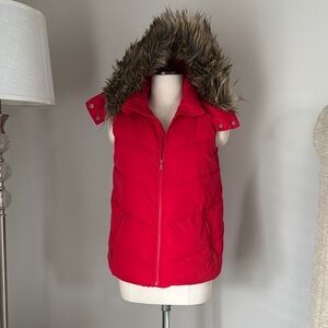 GAP Red Puffer Vest with Faux Fur Hood